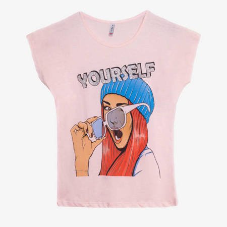 Jasnoróżowy t-shirt damski z printem - Odzież