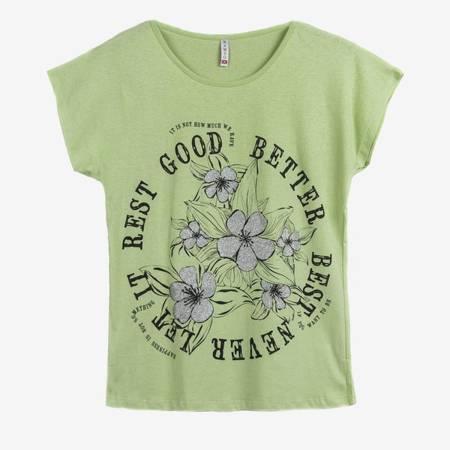 Jasnozielony t-shirt damski z nadrukiem w kwiaty - Odzież