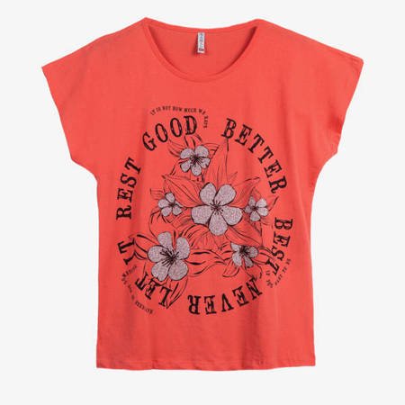 Koralowy t-shirt damski z nadrukiem w kwiaty - Odzież
