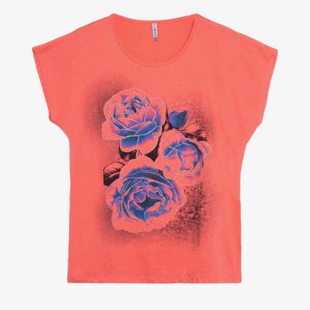 Koralowy t-shirt damski z printem w kwiaty - Odzież