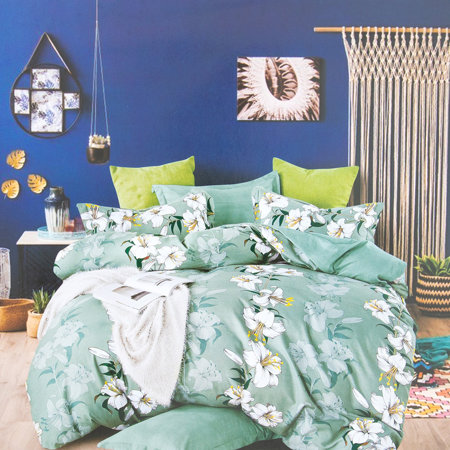 Lenjerie de pat din bumbac verde deschis cu flori Set 160x200 4 părți - Lenjerie de pat