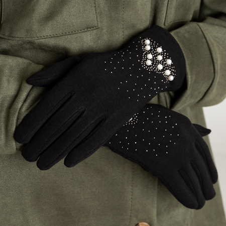 Mănuși negre pentru femei cu perle - Accesorii