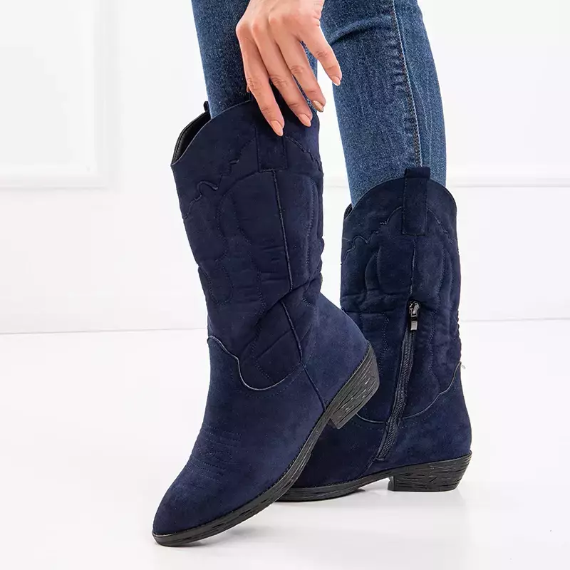 OUTLET Cizme bleumarin din piele intoarsa ecologica Cizme cowboy a'la Ashgi - Pantofi