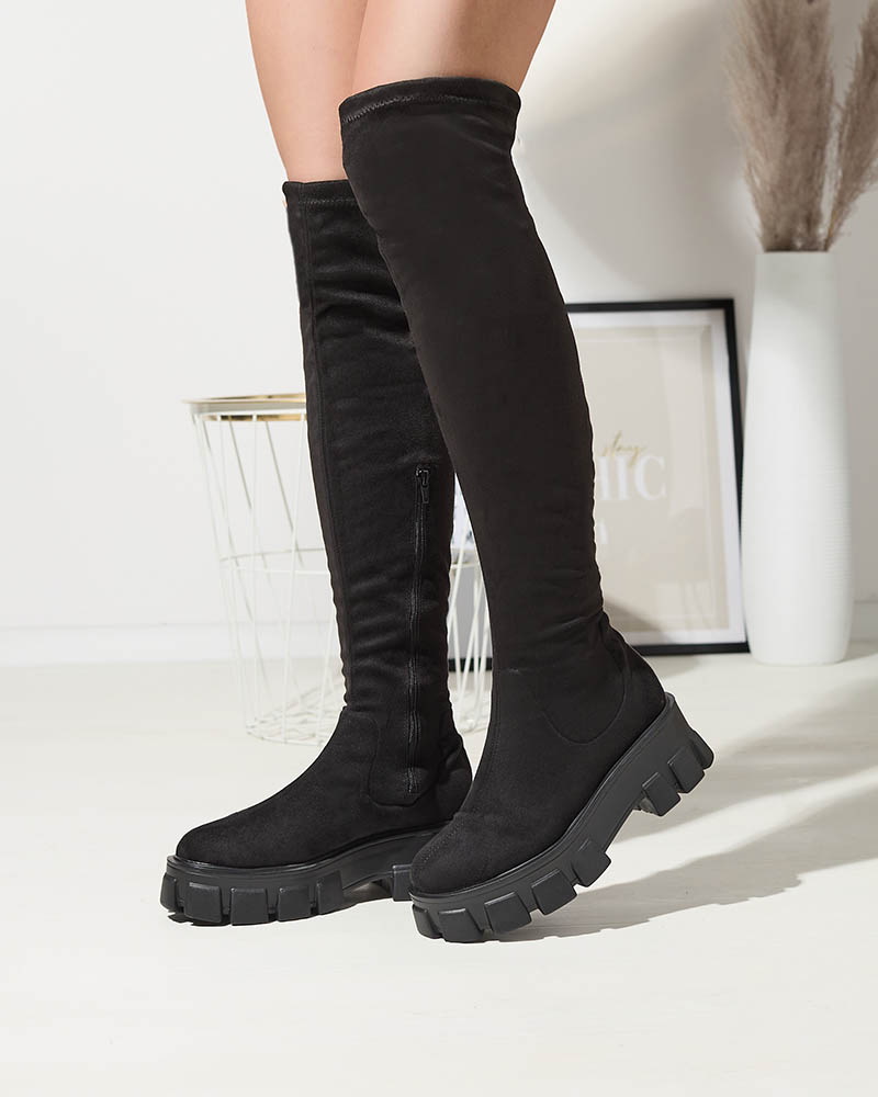 OUTLET Cizme negre de damă peste genunchi cu talpă mai groasă Amerita- Footwear