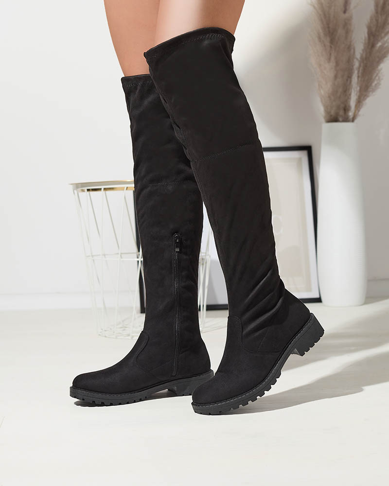 OUTLET Cizme negre de damă peste genunchi cu talpă plată Aferitta- Footwear