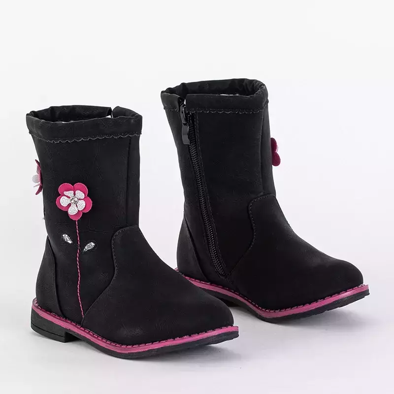 OUTLET Cizme negre pentru fete cu partea superioară decorativă Amini-Shoes