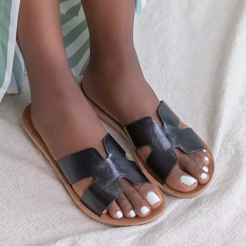 OUTLET Papuci de dama din piele ecologica neagra Hemespa - Incaltaminte