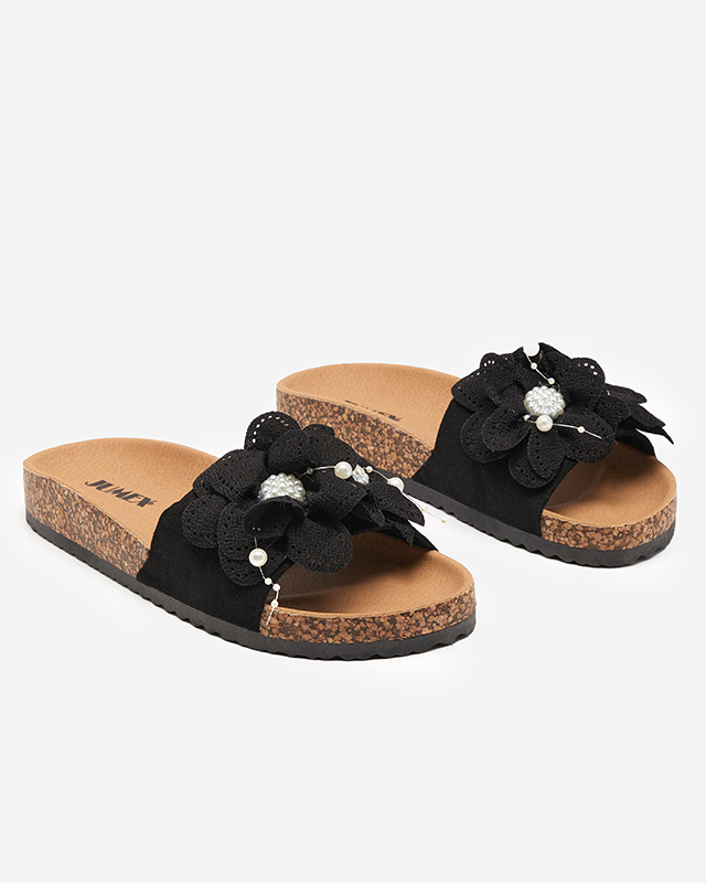 OUTLET Papuci de dama negri cu flori din stofa Serine - Incaltaminte