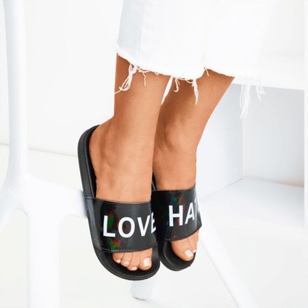 OUTLET Papuci negri pentru femei cu inscripția HATE &amp; LOVE - Încălțăminte