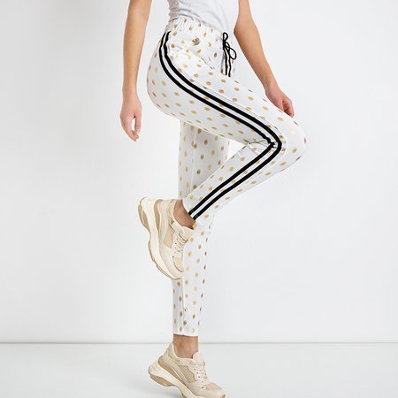 Pantaloni albi pentru femei cu buline aurii cu dungi- Îmbrăcăminte