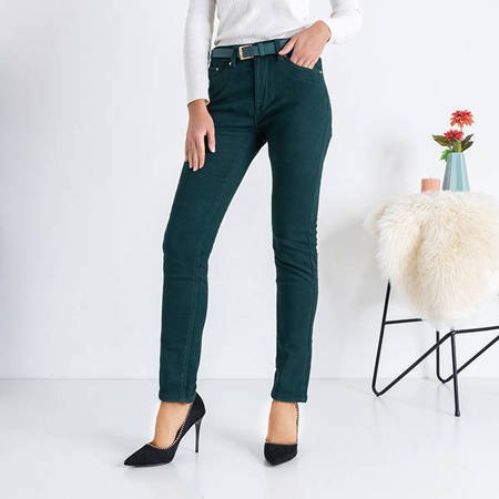 Pantaloni de dama de culoare verde inchis cu curea - Pantaloni