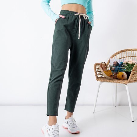 Pantaloni drepți din bumbac verde - gri pentru femei PLUS SIZE - Îmbrăcăminte