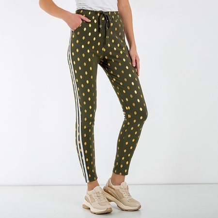 Pantaloni verzi pentru femei cu buline aurii cu dungi- Îmbrăcăminte