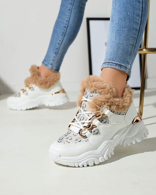 Pantofi sport de damă cu blană, de culoare albă Reyma- Footwear