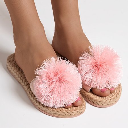 Papuci de damă cu un pompon în culoarea roz deschis Azrail - Încălțăminte