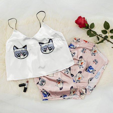 Pijamale de damă roz deschis cu imprimeu de pisică - Îmbrăcăminte