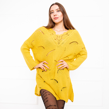 Pulover galben lung ajurat pentru femei - Îmbrăcăminte