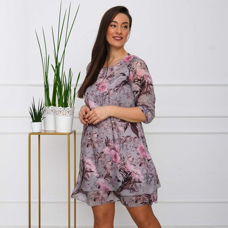 Rochie floral pentru femei gri și roz PLUS SIZE - Îmbrăcăminte