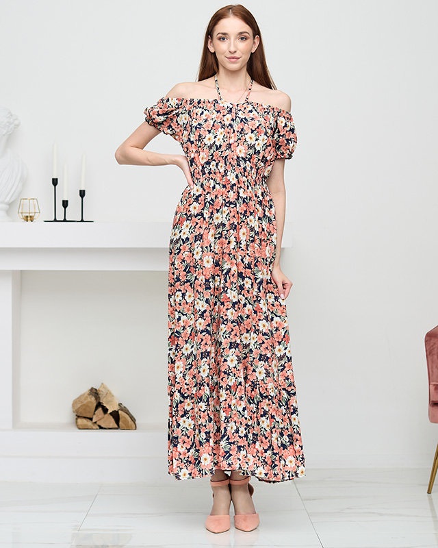 Rochie lungă de damă bleumarin cu flori de coral - Îmbrăcăminte