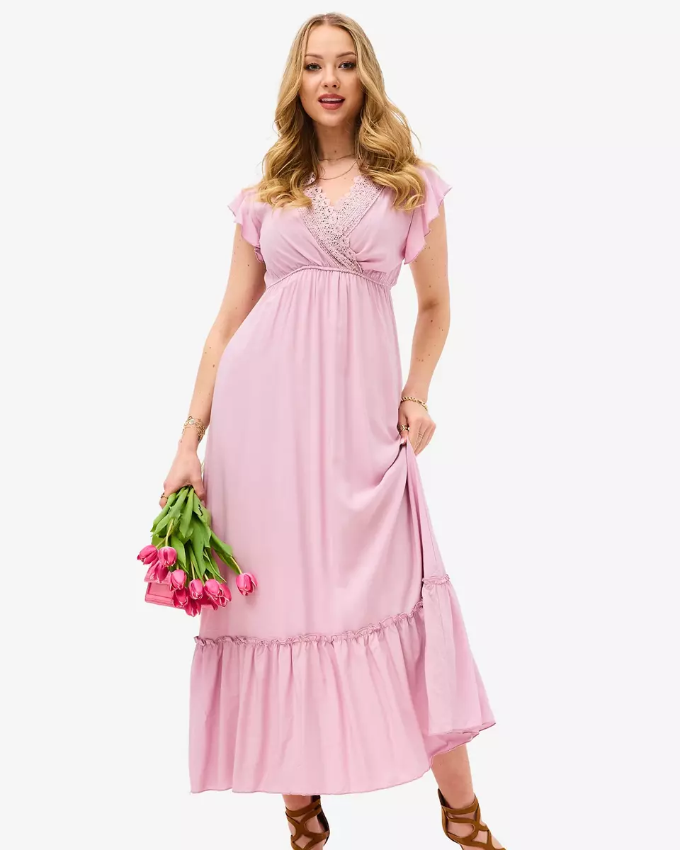 Rochie lungă roz de damă cu dantelă - Îmbrăcăminte