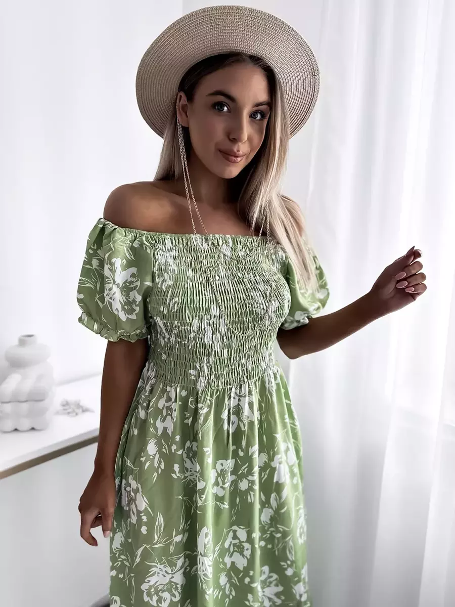 Rochie maxi de damă verde deschis cu imprimeu floral- Îmbrăcăminte