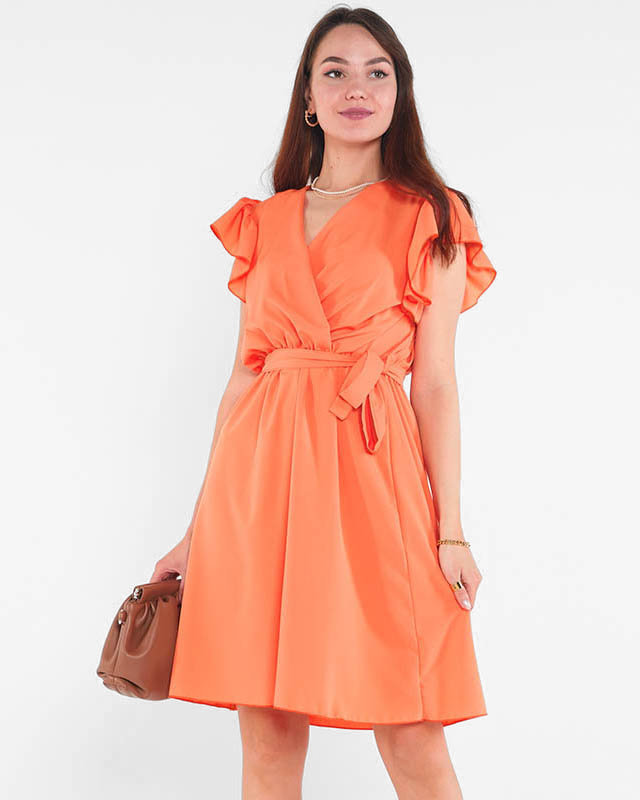 Rochie mini de dama portocalie cu cravata - Imbracaminte
