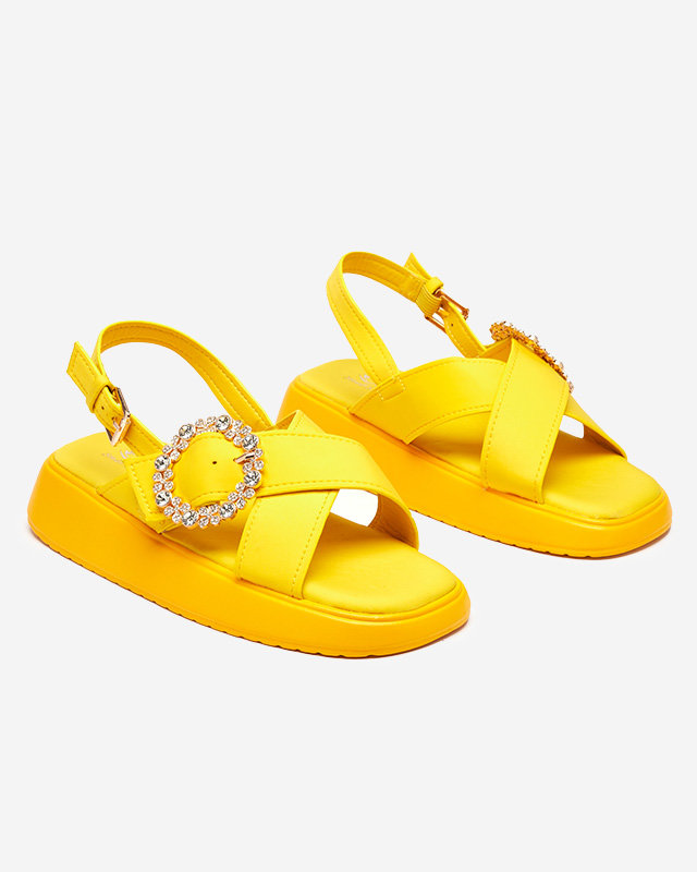 Sandale de damă din țesătură galbenă pe talpă plată cu zirconii cubi Senire - Încălțăminte
