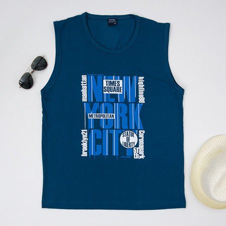 Tricou bărbătesc din bumbac albastru închis cu inscripții - Îmbrăcăminte