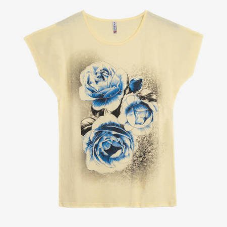 Żółty t-shirt damski z printem w kwiaty - Odzież