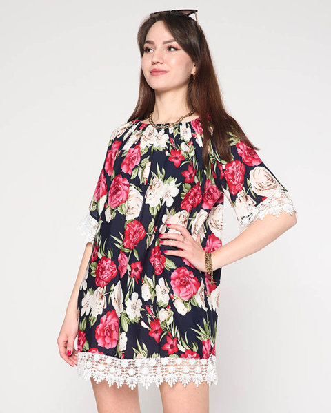 Bluză de damă bleumarin cu flori MĂRI PLUS - Îmbrăcăminte