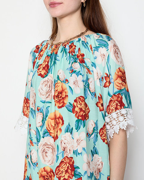 Bluză de damă cu flori Mint MĂRIME PLUS - Îmbrăcăminte