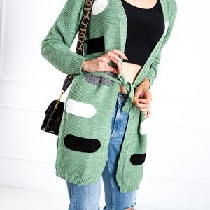 Cardigan legat verde pentru femei, cu dungi colorate - Îmbrăcăminte