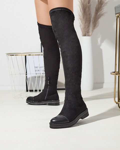 Cizme negre cu talpă plată pentru femei peste genunchi Meneii- Footwear
