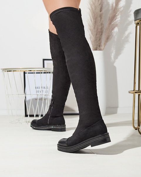 Cizme negre cu talpă plată pentru femei peste genunchi Meneii- Footwear