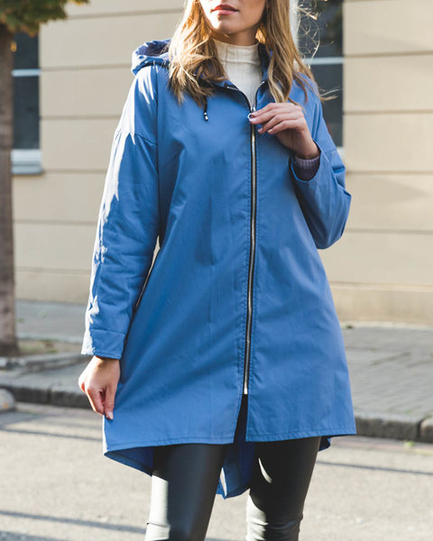 Jachetă lungă pentru femei cu glugă lungă de culoare albastră - Îmbrăcăminte