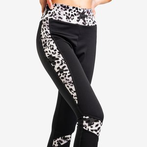 Jambiere negre pentru femei cu inserții albe cu imprimeu leopard - Îmbrăcăminte