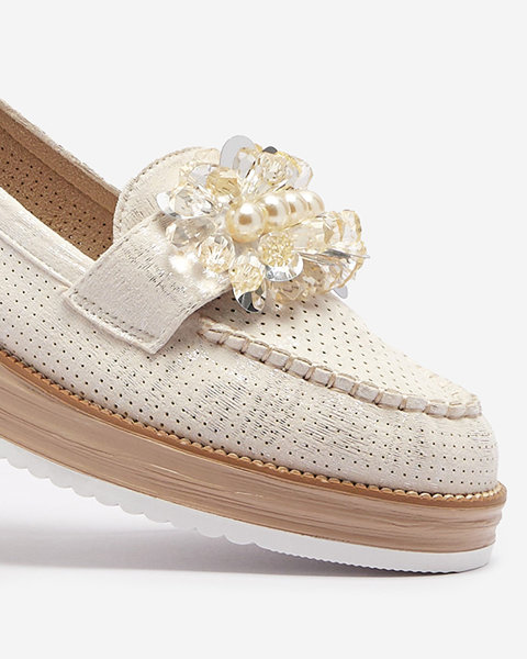 Mocasini crem pentru femei cu cristale decorative Liscutio- Footwear