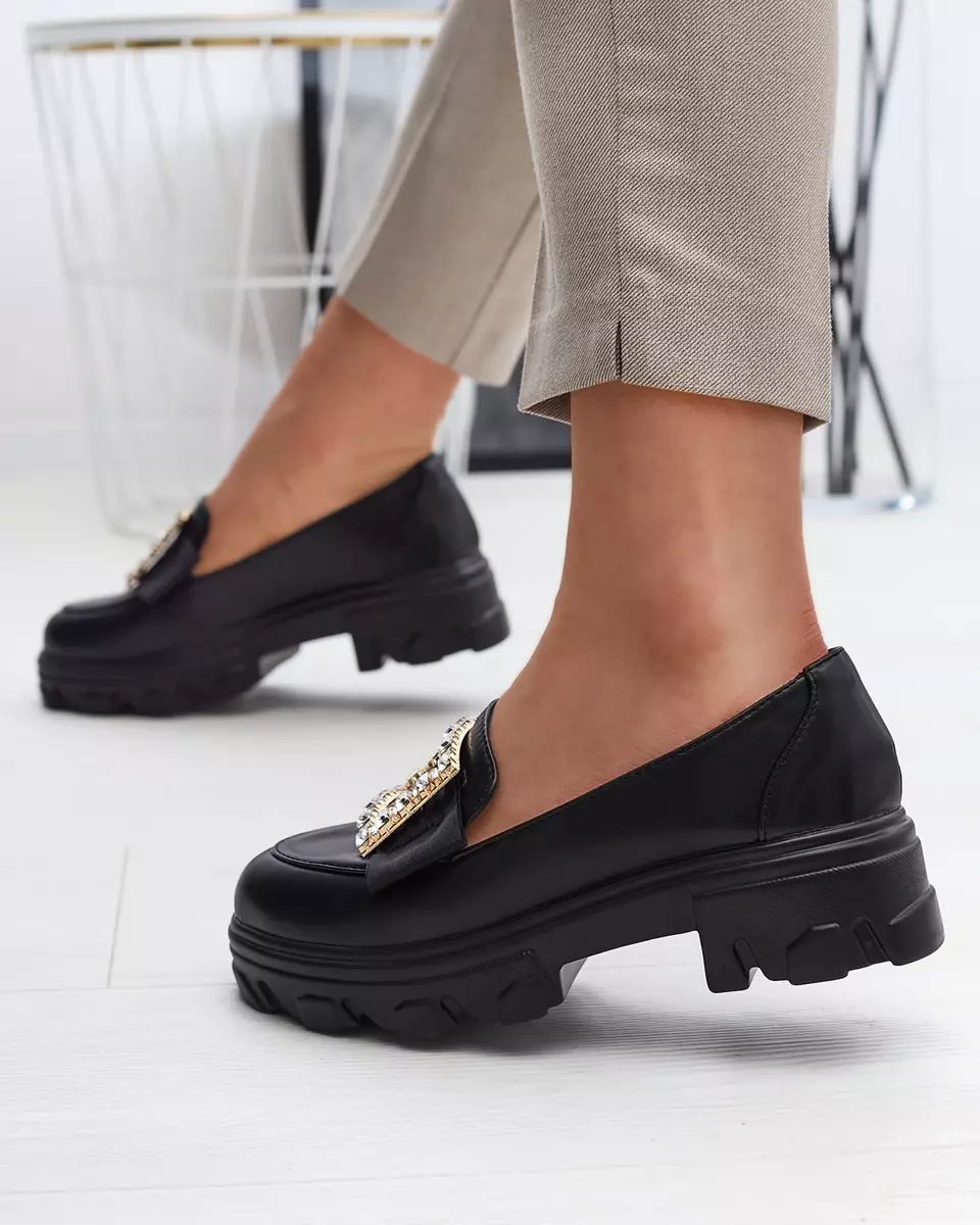Mocasini negri pentru femei cu decor auriu Brial- Footwear