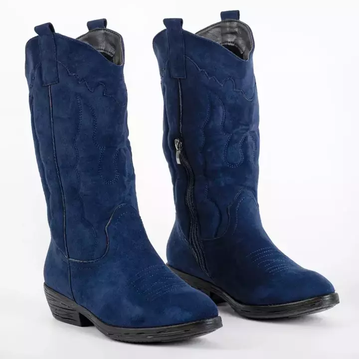 OUTLET Cizme bleumarin din piele intoarsa ecologica Cizme cowboy a'la Ashgi - Pantofi