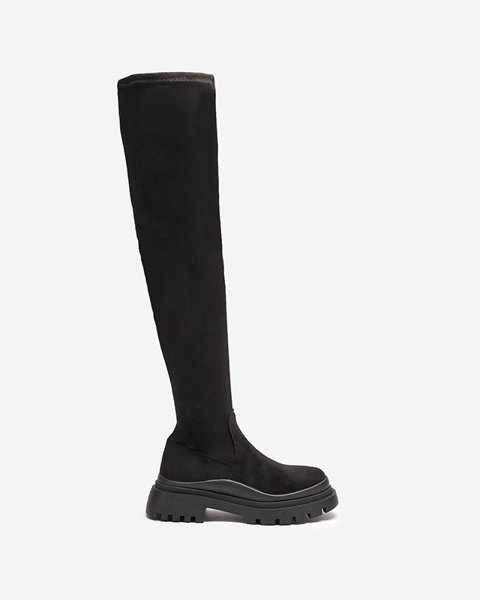 OUTLET Cizme negre de damă peste genunchi din eco-suede cu talpă mai groasă Amerima- Footwear