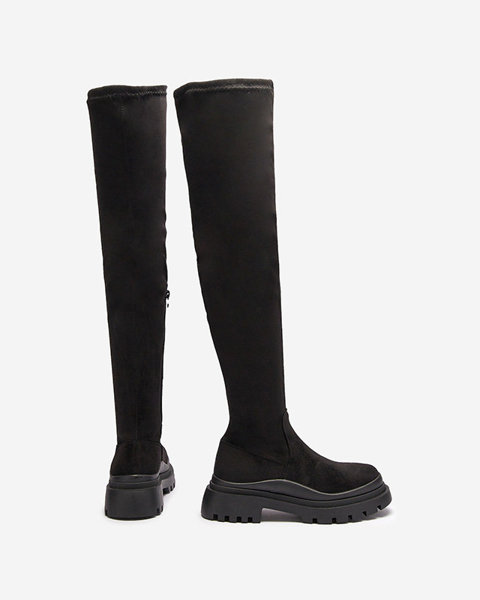 OUTLET Cizme negre de damă peste genunchi din eco-suede cu talpă mai groasă Amerima- Footwear