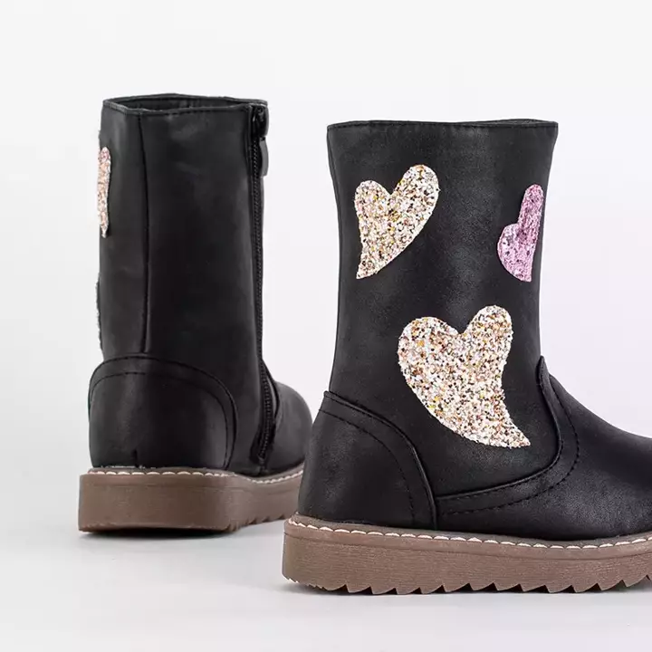 OUTLET Cizme negre pentru copii cu inimioare Harri- Pantofi