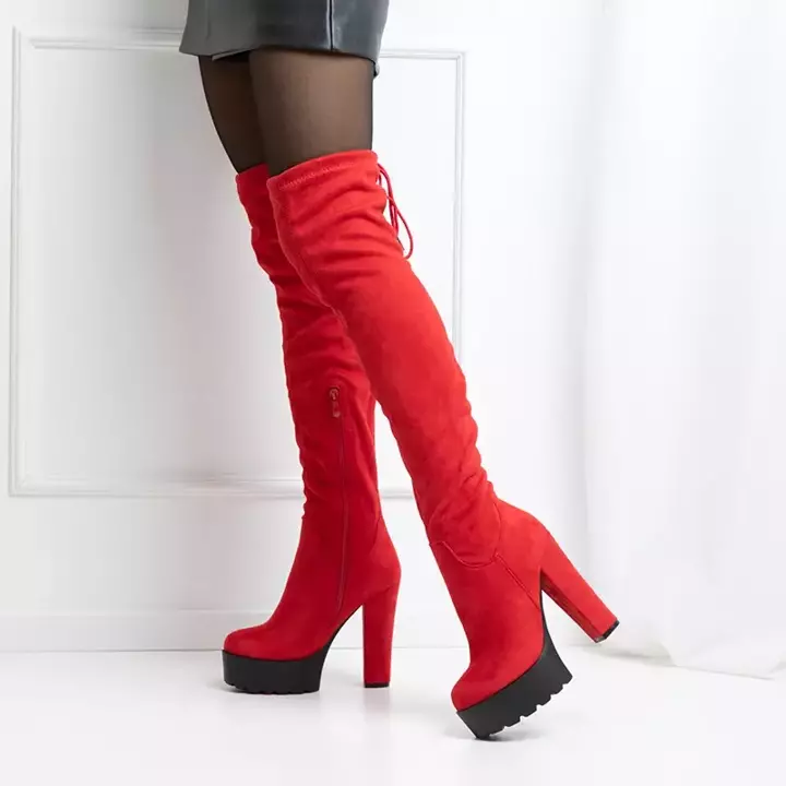OUTLET Cizme roșii cu toc înalt peste genunchi Numi - Pantofi