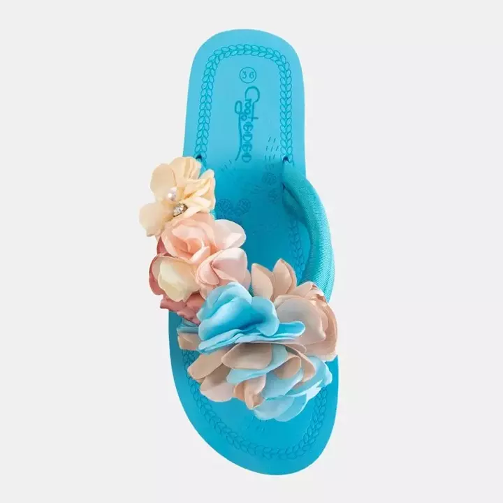 OUTLET Flip-flops albastre cu flori decorative Flores - Încălțăminte