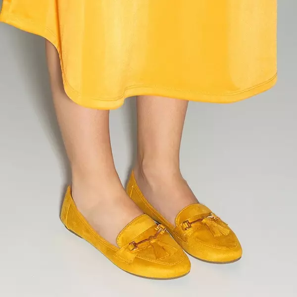 OUTLET Mocasini dama din piele ecologica galbena cu franjuri Catriona - Pantofi