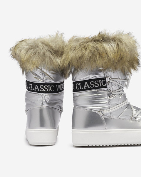 OUTLET Pantofi de damă argintii a'la cizme de zăpadă cu blană Lilitsa- Încălțăminte