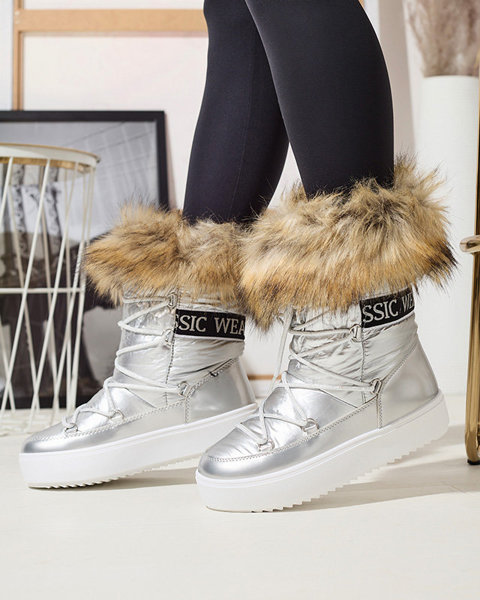 OUTLET Pantofi de damă argintii a'la cizme de zăpadă cu blană Lilitsa- Încălțăminte