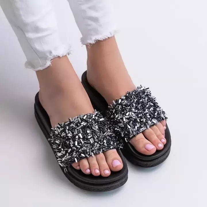 OUTLET Papuci de damă negri cu zirconiu cubic Lomine - Încălțăminte