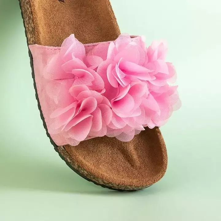 OUTLET Papuci de damă roz cu flori Alina - Încălțăminte