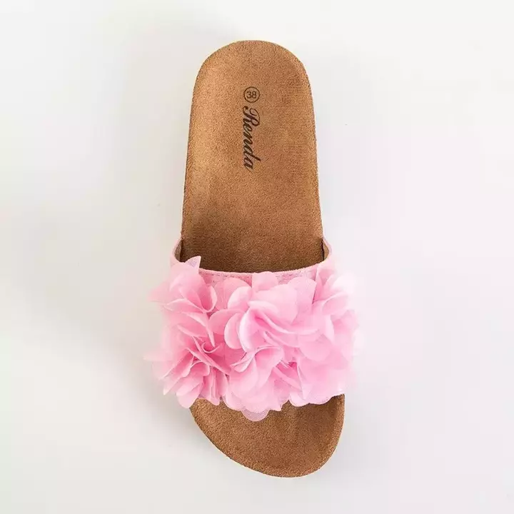OUTLET Papuci de damă roz cu flori Alina - Încălțăminte